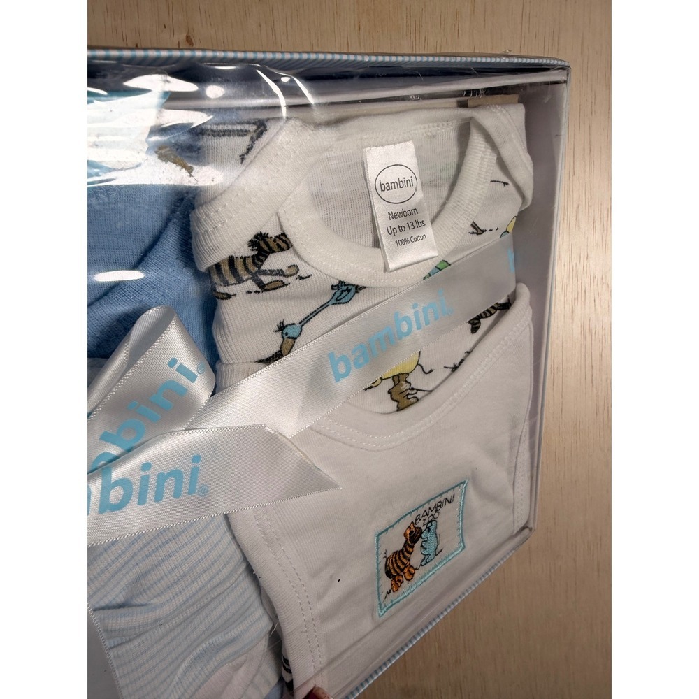 Bambini 5 Piece Gift Set Newborn Blue Excellent NIB Combed Cotton Animal Print - Picture 3 of 5
